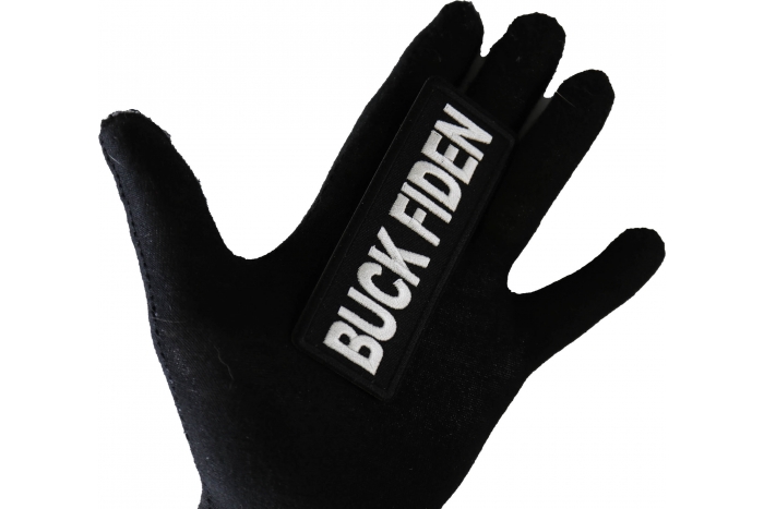 Buck Fiden Funny Iron on Patch shown on hand for size comparison