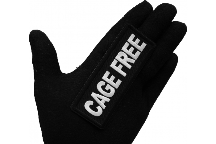 Cage Free Patch, Funny Saying Patches, Sew or Iron on Patch shown on hand for size comparison