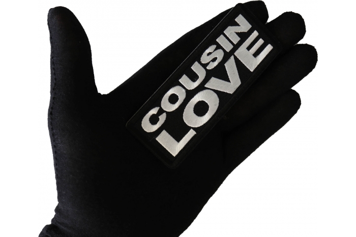 Cousin Love Patch, Funny Saying Patches shown on hand for size comparison