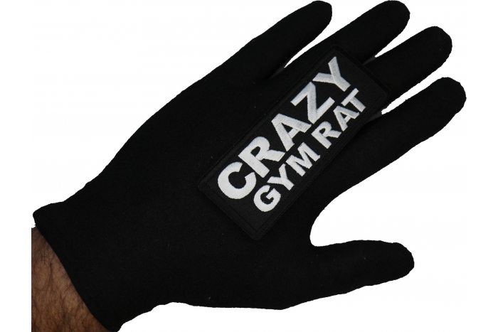 Crazy Gym Rat Patch shown on hand for size comparison