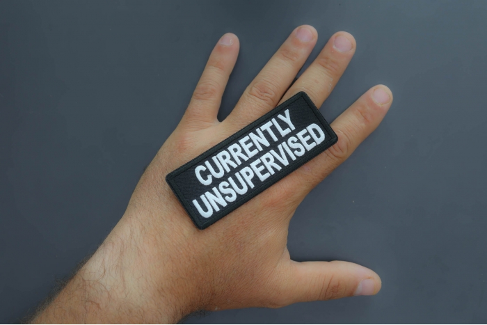 Currently Unsupervised Patch, Funny Saying Patches, Sew or Iron on Patch shown on hand for size comparison