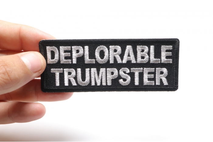 Deplorable Trumpster Patch, Funny Saying Patches shown on hand for size comparison