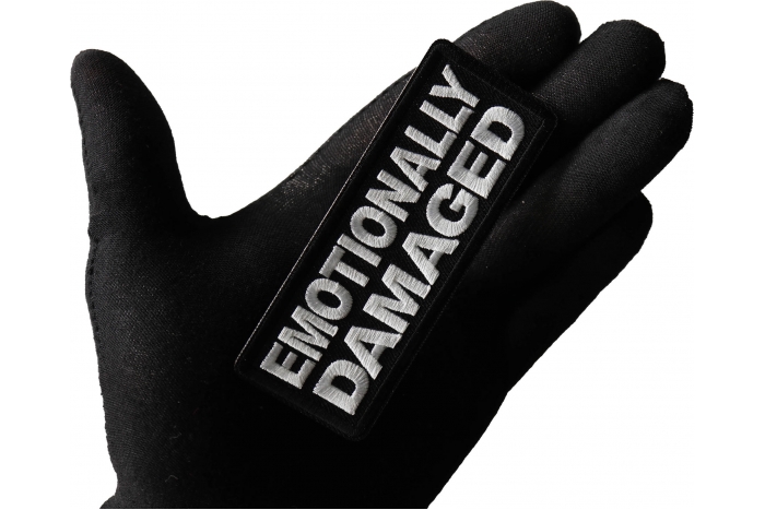 Emotionally Damaged Patch, Funny Saying Patches, Sew or Iron on Patch shown on hand for size comparison