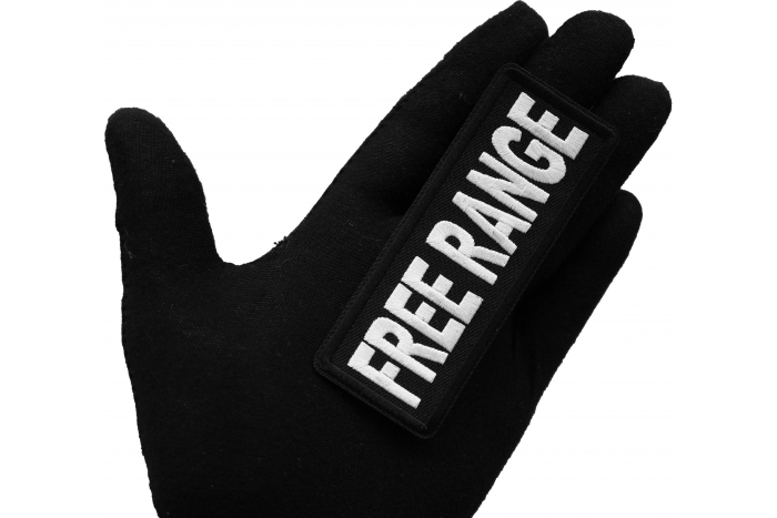 Free Range Patch, Funny Saying Patches, Sew or Iron on Patch shown on hand for size comparison