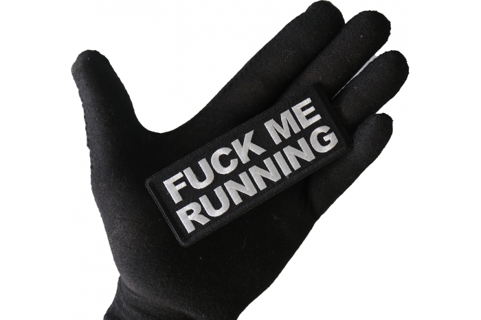 Fuck Me Running Funny Iron on Patch shown on hand for size comparison