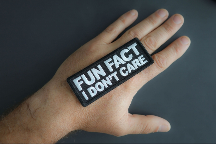 Fun Fact I Don't Care Patch shown on hand for size comparison