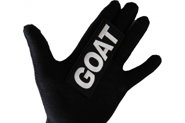 Goat Patch, Biker Sayings shown on hand for size comparison