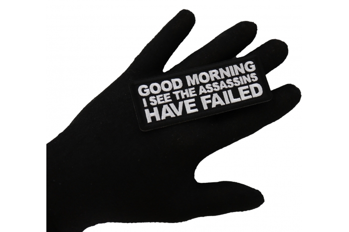 Good Morning I see the assassins have failed Funny Iron on Patch shown on hand for size comparison