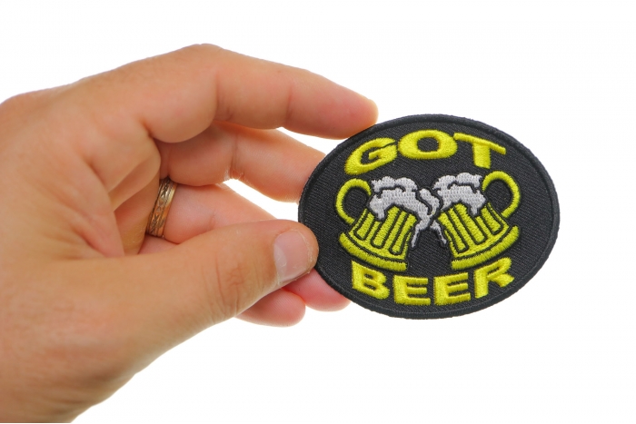 Got Beer Funny Iron on Patch shown on hand for size comparison