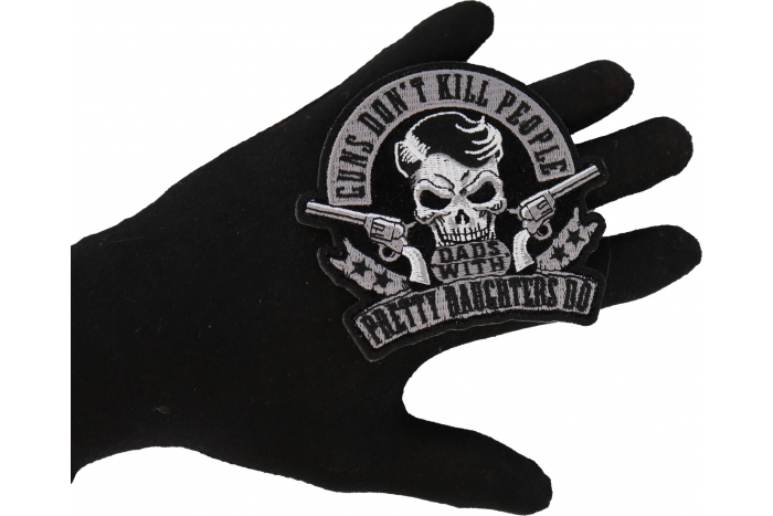 Guns Don't Kill People Dads with Pretty Daughters Do Patch, Small Embroidered Iron on Patches shown on hand for size comparison