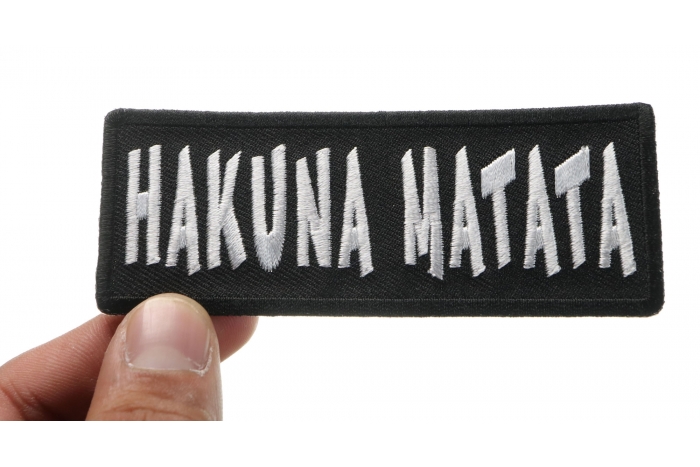 Hakuna Matata Funny Iron on Patch shown on hand for size comparison
