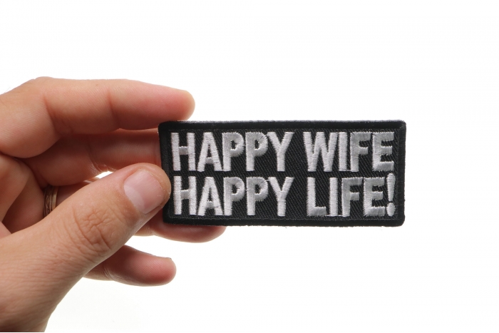 Happy Wife Happy Life Funny Iron on Patch shown on hand for size comparison