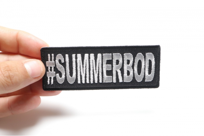 Hashtag Summerbod Funny Iron on Patch shown on hand for size comparison
