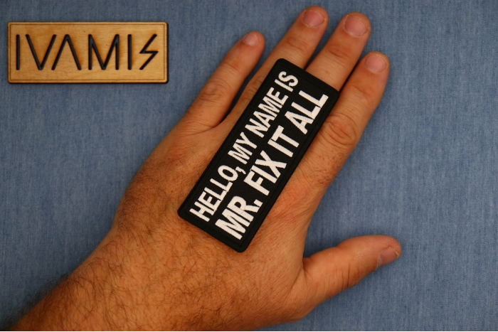 Hello My name is Mr. Fix it All Patch shown on hand for size comparison