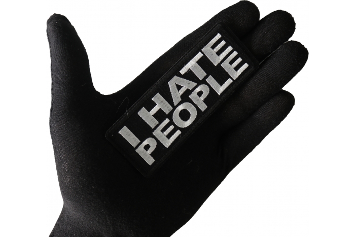 I Hate People Funny Iron on Patch shown on hand for size comparison