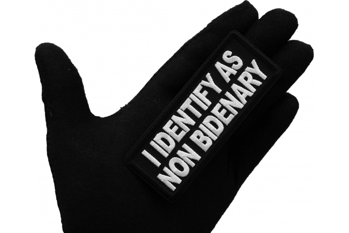 I identify as non Bidenary Patch, Funny Saying Patches, Sew or Iron on Patch shown on hand for size comparison