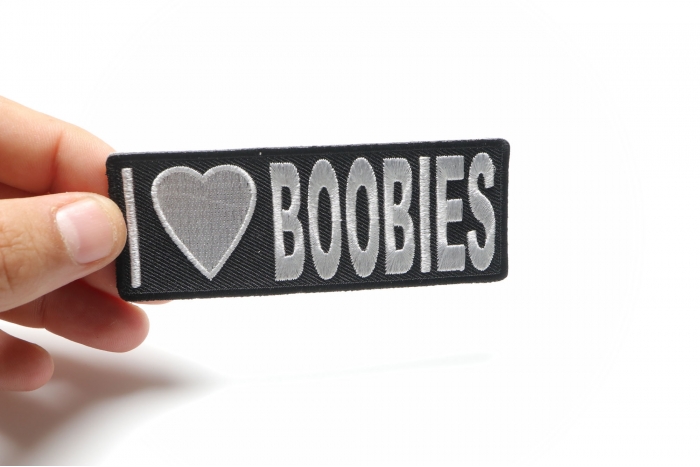 I Love Boobies Patch, Funny Saying Patches shown on hand for size comparison