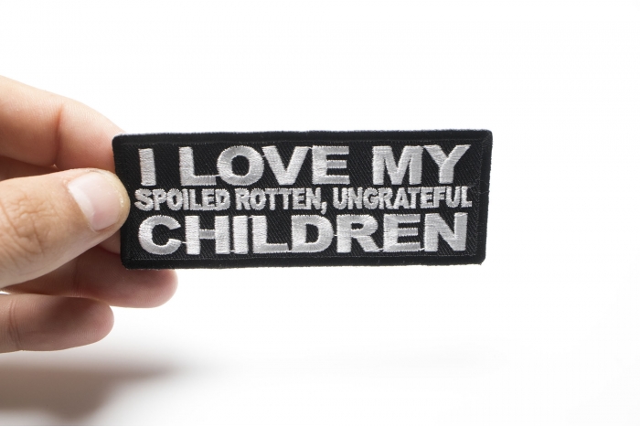 I Love My Spoiled Rotten Ungrateful Children Funny Iron on Patch shown on hand for size comparison
