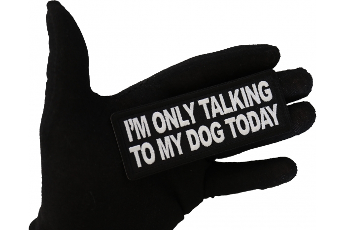 I'm Only Talking to My Dog Today Patch, Funny Saying Patches, Sew or Iron on Patch shown on hand for size comparison
