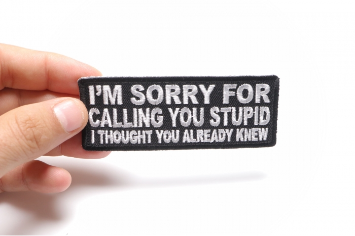 I'm Sorry For Calling You Stupid I Thought You Already Knew Funny Iron on Patch shown on hand for size comparison