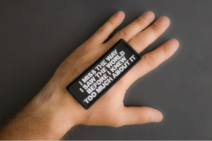 I Miss The Way Before Worl Too Much About It Patch shown on hand for size comparison