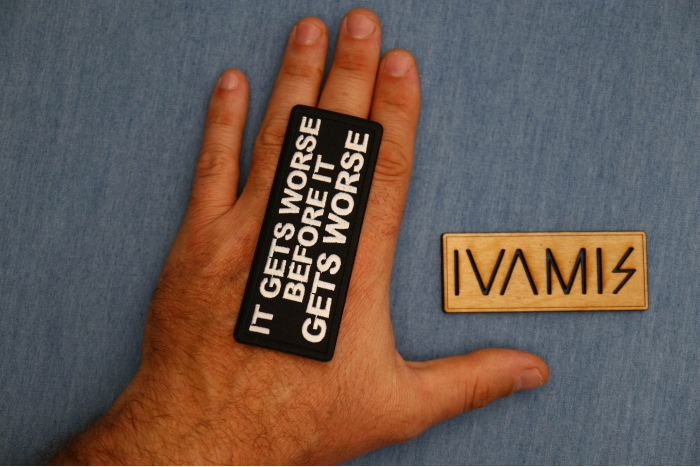 It Gets Worse before it gets worse Patch, Morale Patches, Sew or Iron on shown on hand for size comparison