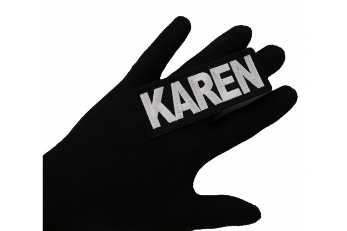 Karen Funny Iron on Patch shown on hand for size comparison