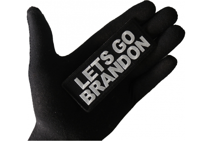 Lets Go Brandon Patch, Patriotic Saying Patches shown on hand for size comparison