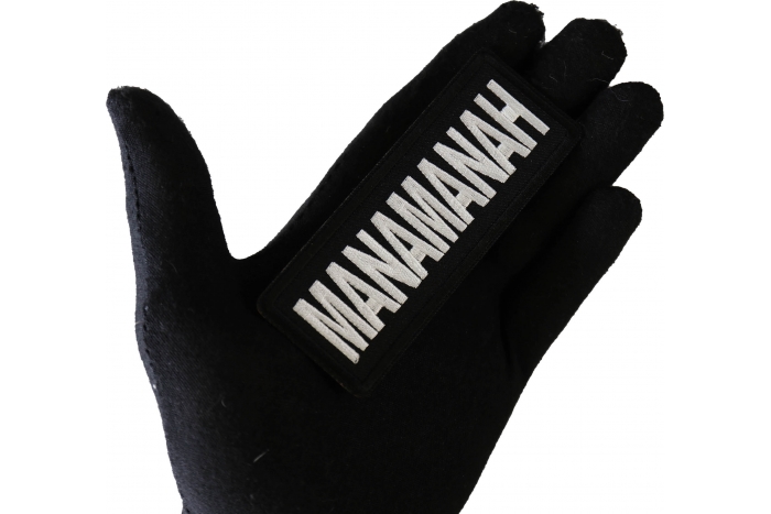 Manamanah Funny Iron on Patch shown on hand for size comparison