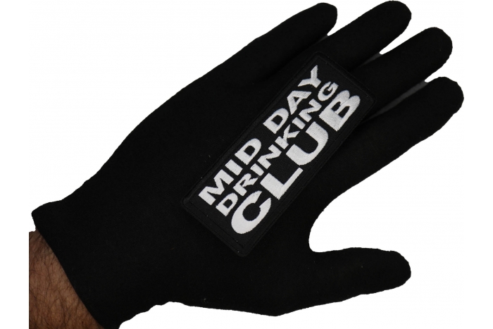 Mid Day Drinking Club Patch shown on hand for size comparison