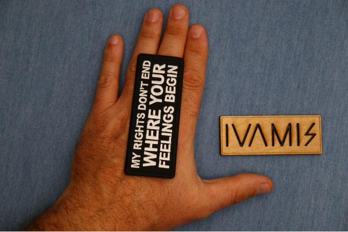 My Rights Don't End Where Your Feelings Begin Patch shown on hand for size comparison