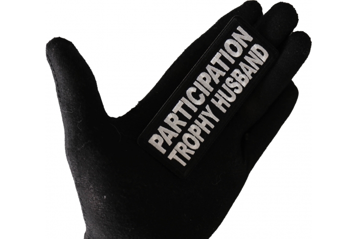 Participation Trophy Husband Funny Iron on Patch shown on hand for size comparison