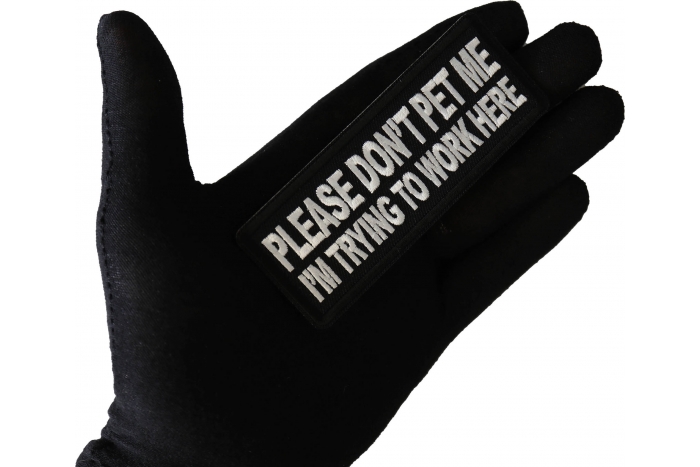 Please Don't Pet Me I'm Trying to Work Here Patch, Funny Saying Patches, Sew or Iron on Patch shown on hand for size comparison