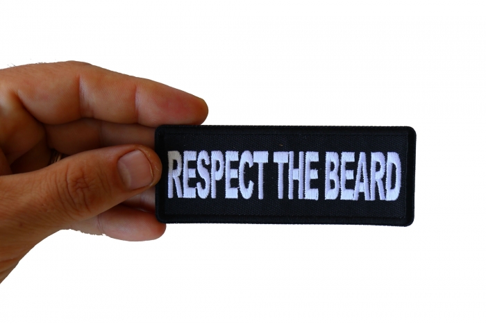 Respect The Beard Patch, Biker Sayings shown on hand for size comparison