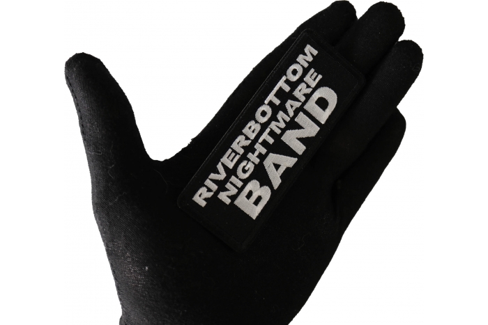 Riverbottom Nightmare Band Funny Iron on Patch shown on hand for size comparison