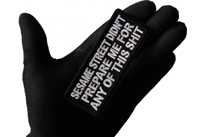 Sesame Street Didn't Prepare me for any of this shit Patch, Funny Saying Patches shown on hand for size comparison