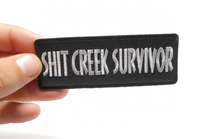 Shit Creek Survivor Patch, Funny Patches for Adults shown on hand for size comparison