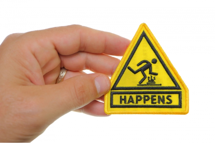 Shit Happens Patch, Funny Patches shown on hand for size comparison