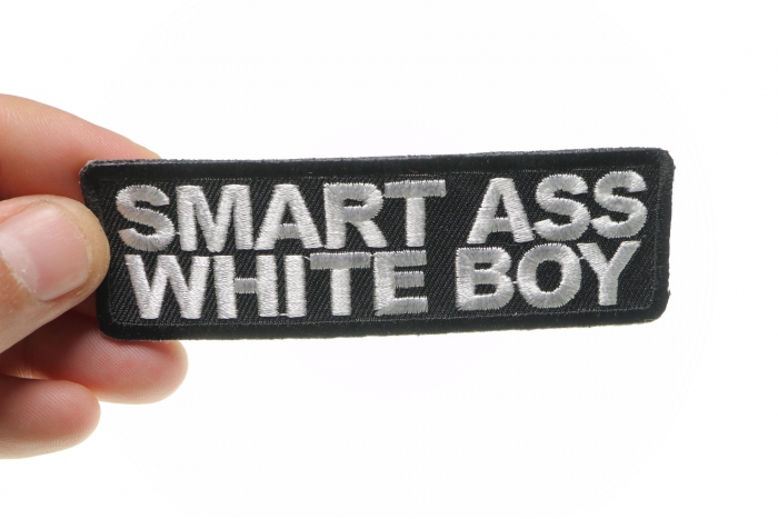 Smart Ass White Boy Funny Iron on Patch shown on hand for size comparison