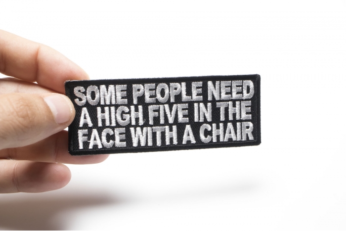 Some People Need A High Five Funny Iron on Patch shown on hand for size comparison