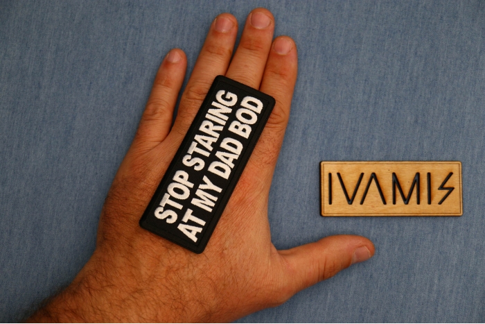 Stop Staring at My Dad Bod Patch, Funny Saying Patches, Sew or Iron on shown on hand for size comparison