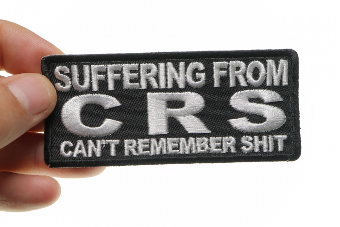 Suffering From CRS Can't Remember Shit Patch, Funny Patches for Adults shown on hand for size comparison