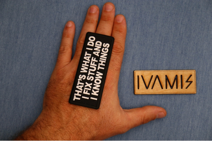 That's What I do I fix Stuff and I know things Patch, Funny Saying Patches, Sew or Iron on shown on hand for size comparison