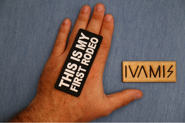 This is My First Rodeo Patch, Funny Saying Patches, Sew or Iron on shown on hand for size comparison