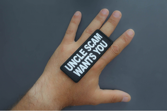 Uncle Scam Wants You Patch shown on hand for size comparison