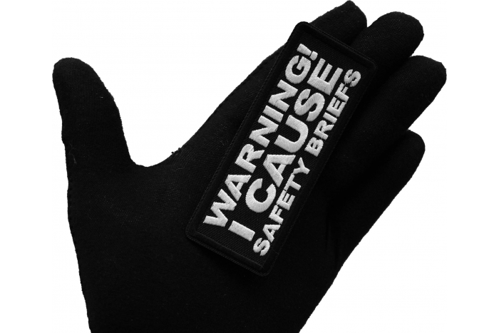Warning I cause Safety Briefs Patch, Funny Saying Patches shown on hand for size comparison