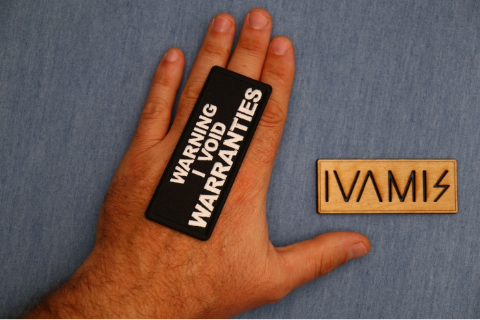 Warning I void warranties Patch, Funny Saying Patches, Sew or Iron on shown on hand for size comparison