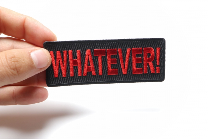 Whatever Funny Iron on Patch shown on hand for size comparison