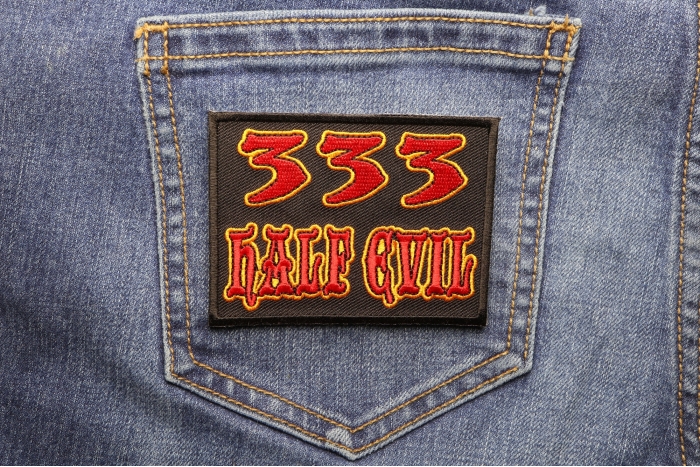 333 Half Evil Funny Iron on Patch shown on jeans