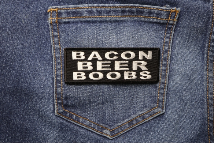 Bacon Beer Boobs Funny Iron on Patch shown on jeans